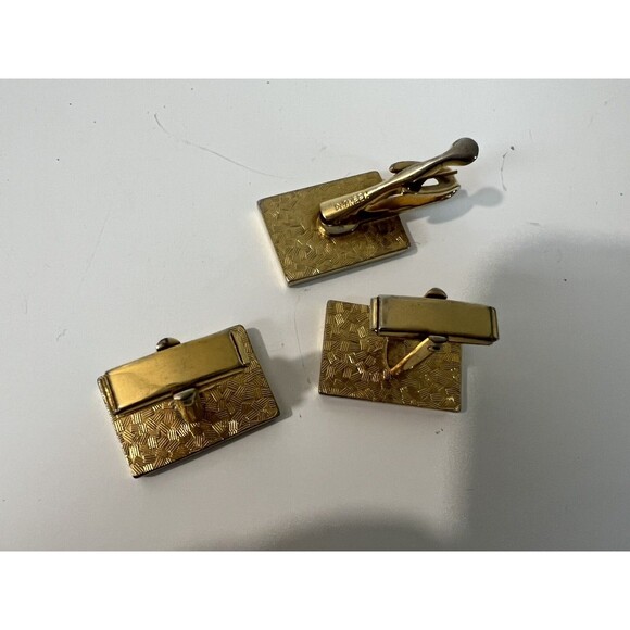 Tie Clip Cuff Links Vintage Pioneer Rustic Pine Cone Outdoors Nature Gold Tone - Picture 4 of 6